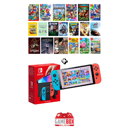 N Switch OLED (Mavi/Kırmızı) – Çipli, Yüklü 18 Oyunlu Model 